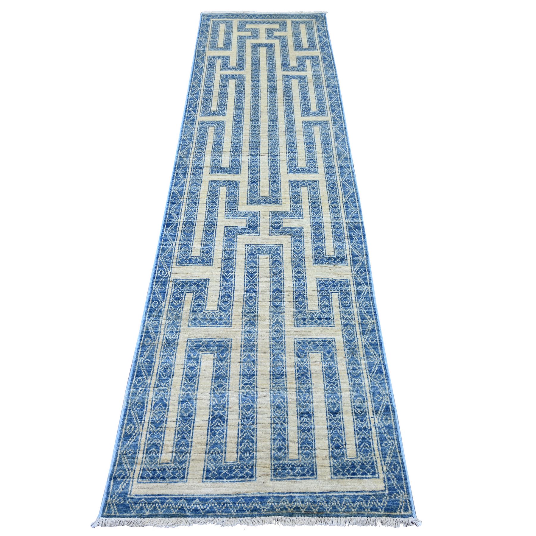 2'5"x9'5" Bayern Blue, Fine Peshawar with Intricate Geometric Motifs Maze Design, Dense Weave, Hand Knotted, Soft and Shiny Wool, Runner, Oriental Rug 